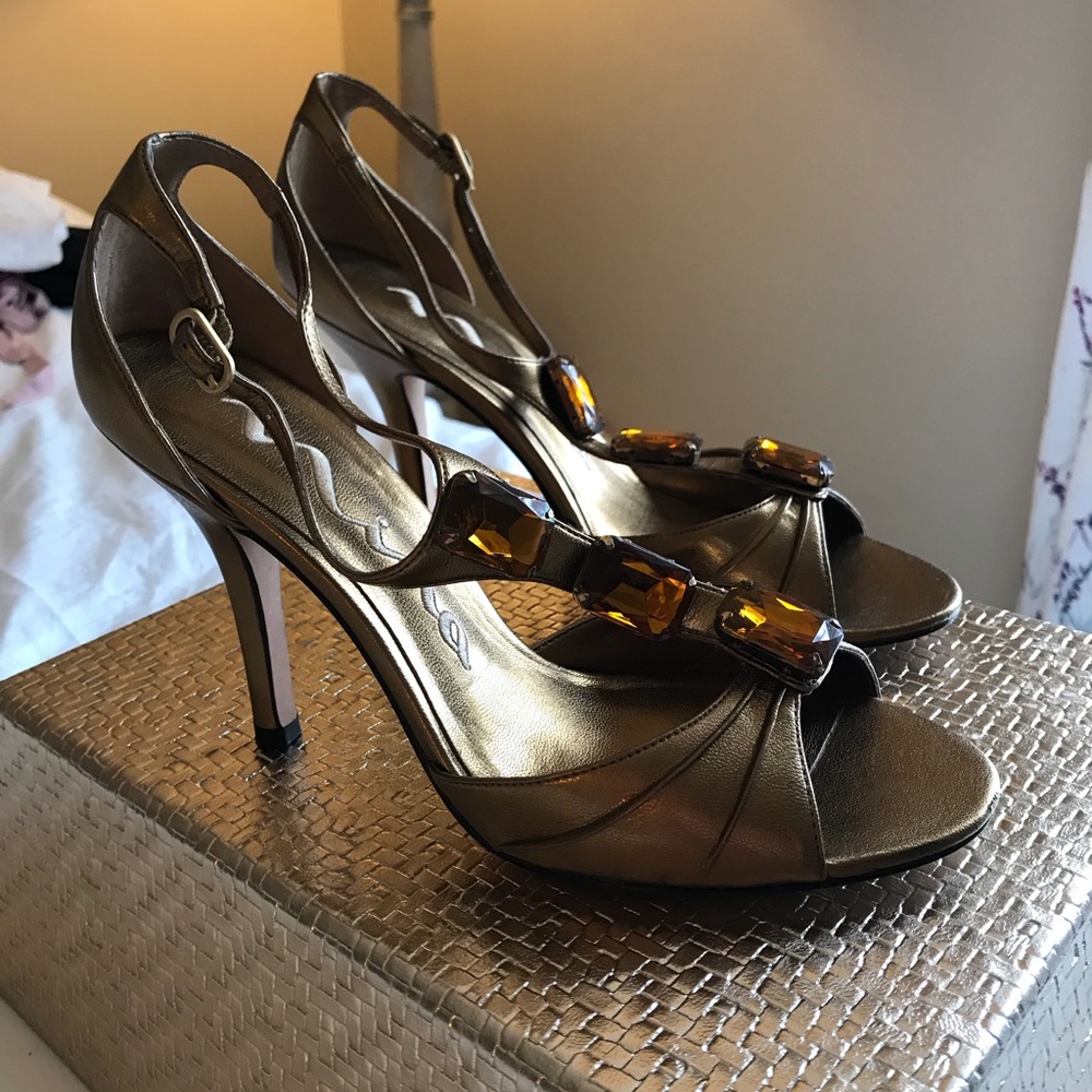 Gold jeweled evening heels
